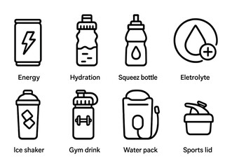 Fitness and hydration outline icons set – linear style wellness, health, and exercise symbols for active lifestyle: energy drink, water bottle, electrolyte, shaker, gym drink, hydration pack, sports