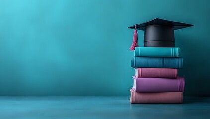 Graduation cap on stack of colorful books against turquoise background with copy space, education and academic achievement concept for university studies.