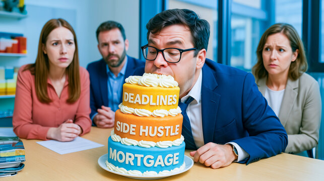 Man biting cake with stressful messages surrounded by concerned colleagues in office. Bite off more than you can chew - a concept of taking on too much, miscalculate your strength
