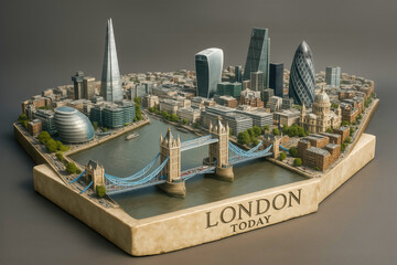 Detailed model of modern London with iconic landmarks and river Thames
