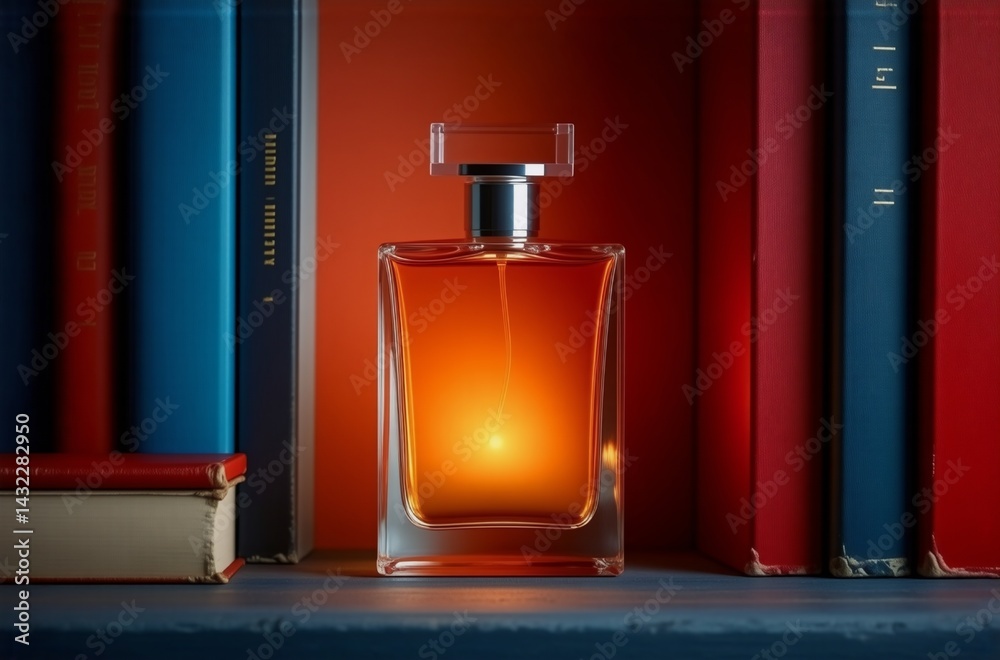 Poster a glowing amber perfume bottle sits on a dark shelf between stacks of colorful books, creating a war