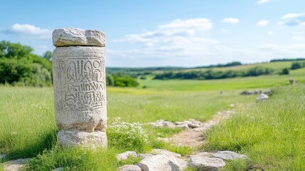 Ancient stone pillar amidst a grassy landscape.  Carved inscriptions adorn the pillar, overlooking a rolling, verdant valley