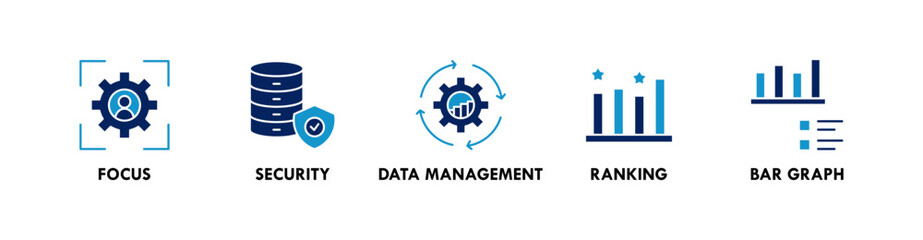 Data Analysis banner web icon illustration concept with icon of focus, security, data management, ranking, and bar graph