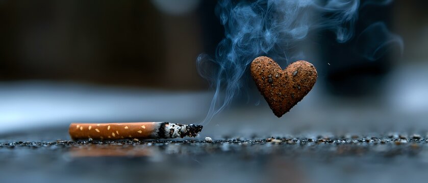 Burning cigarette with heart-shaped smoke rising against dark background, creative conceptual photography showing dangers of smoking and addiction.