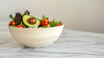 Fresh healthy salad bowl with mixed greens, ripe cherry tomatoes and sliced avocado on marble surface, top view with copy space. Nutritious food concept for diet, vegan lifestyle and clean