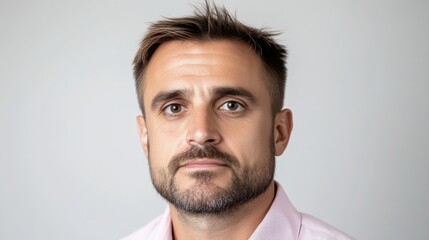 Obraz premium Mans Serious Portrait Minimalist Style High-resolution Neutral Lighting Close-up Headshot Slight stubble Professional Headshot Grey backdrop Neutral tones Perfect for corporate profiles