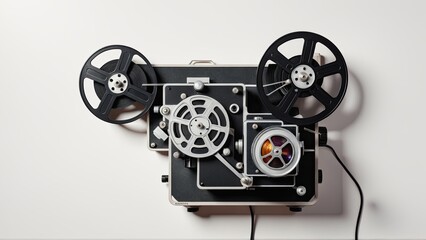 Vintage Film Projector with Large Reels on White Background
