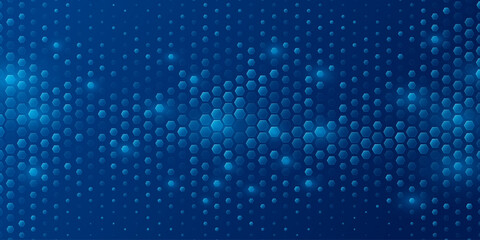 Futuristic blue hexagons with light effects for Business or Science background. Abstract cyber honeycomb mosaic. Medical research presentation backdrop for online webinar or conference. Vector Illustr
