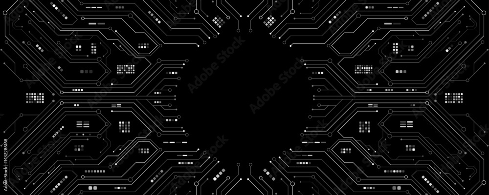 Fototapete ai circuit board with electronics elements on black backdrop. ui and gui design. futuristic high tec