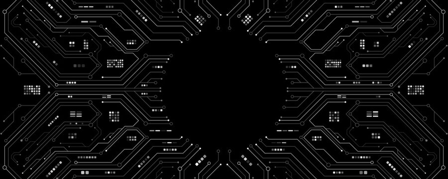 AI circuit board with electronics elements on black backdrop. UI and GUI design. Futuristic high tech panel of connected lines. Scientific and Technological background. Vector illustration