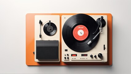 Fototapeta premium Turntable Playing Vinyl Record on Beige Background