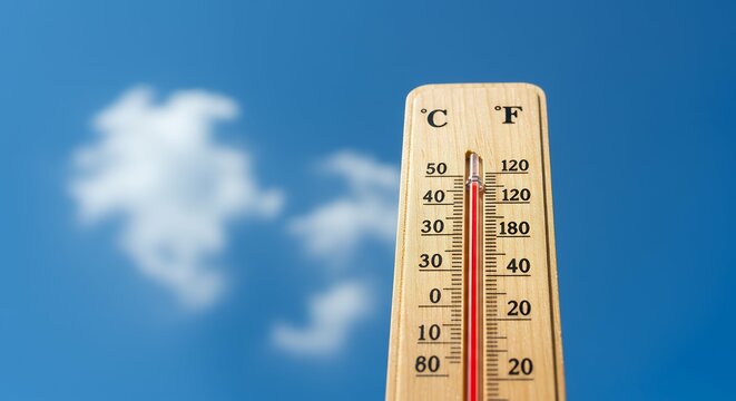 timber measuring instrument crimson colored liquid column indicating high thermal reading exceeding degrees Celsius set view blue sky concept related to period extreme heat warm weather increasing
