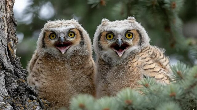 Two young owlets perched close together on a tree branch, their beaks open and yellow eyes gazing directly ahead with a startled expression.
