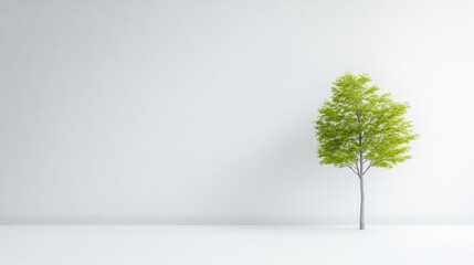 Obraz premium Single Small Tree Minimalist Style High-Resolution Image Wide Shot Simple Branches Growing White Room Background Light Green Tones Ideal for Eco Ads