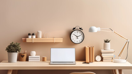 Modern Home Office Desk Setup Laptop Books Plants Clock