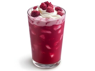 Refreshing raspberry smoothie with whipped cream and fresh raspberries in a tall glass on white background.