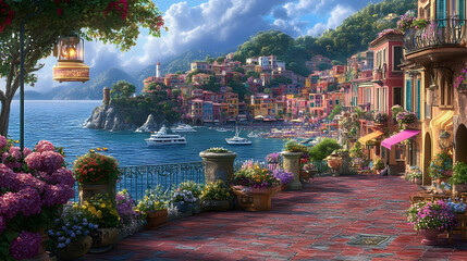 Colorful coastal town scene with charming buildings and boats.