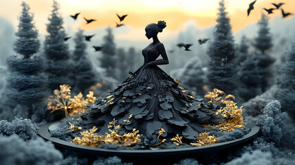 Elegant figure in a voluminous gown amidst a winter forest.