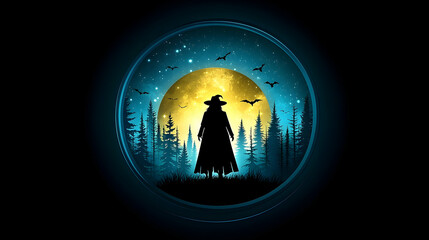 Fototapeta premium Silhouette of a figure in a forest at night under a luminous moon.