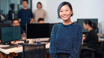 Smiling Asian woman in dark blue polka dot sweater and black pants standing in front of her office team with people working behind her, showing a positive office environment.