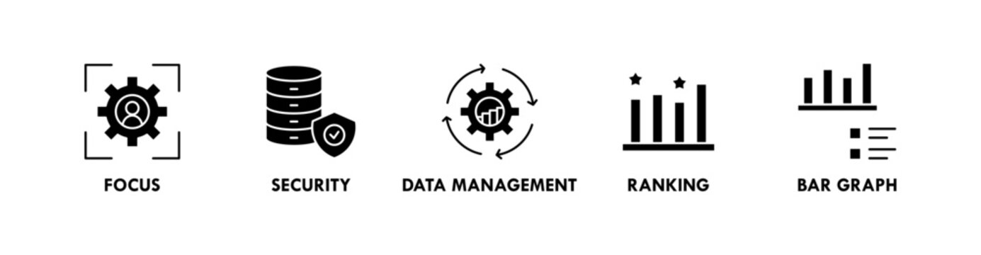 Data Analysis banner web icon illustration concept with icon of focus, security, data management, ranking, and bar graph