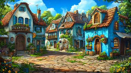 Obraz premium Colorful, whimsical village street scene under a sunny sky.