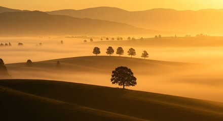 Fototapeta premium Golden Sunrise Landscape: Misty Hills, Silhouetted Trees