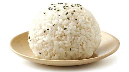 A perfectly formed sphere of white rice sits on a small beige plate garnished with black sesame seeds.