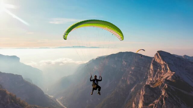 Person paragliding over mountainous terrain with clouds in the valley below, bright sunshine and scenic view