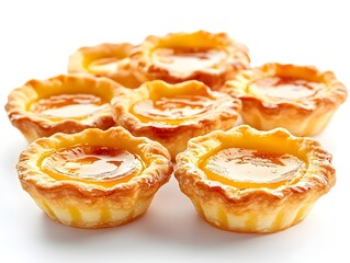 A delicious group of golden egg tarts with flaky pastry and sweet custard filling are presented on a white background.