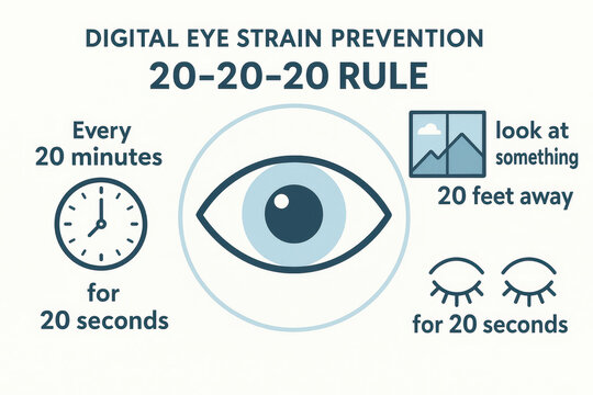 Eye Care Illustration for Digital Eye Strain: Emphasizing the "20-20-20" rule for digital eye strain prevention. An informative illustration showing how to take care of your eyes.