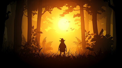 Silhouetted figure stands in a golden forest pathway.