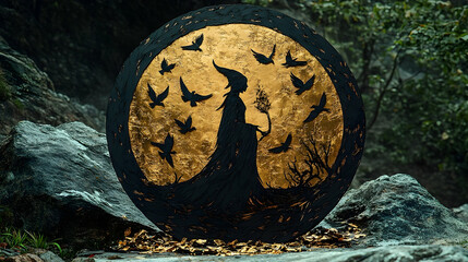 Circular, gold-embossed artwork of a female figure, surrounded by birds.