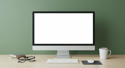 frontal view unwritten pale colored contemporary computer display screen space online design content website landing page lightly colored work surface optical aids keyboard green colored vertical
