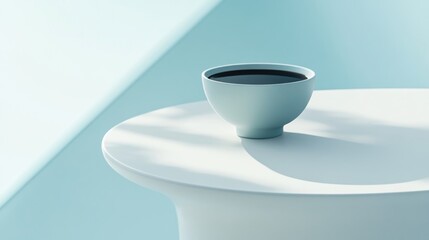 Light teal bowl with dark liquid on a white table