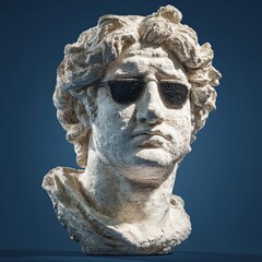 Fototapeta premium The stone bust of a serious man wea modern sunglasses sits in a casual display with a cool and contemporary artistic vibe, demonstrating an anachronism.