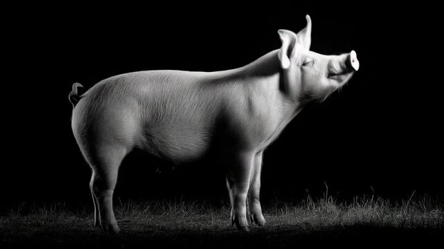 Monochrome photograph of a single farm pig standing on grass with a dark background emphasizing the animal's form and texture