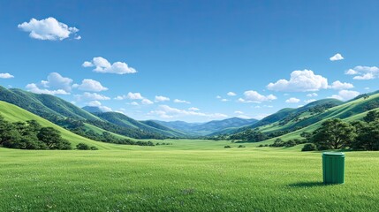 Fototapeta premium A serene cartoon landscape featu rolling green hills, scattered trees, a vibrant blue sky with fluffy clouds, and a lone green trash bin in the foreground.