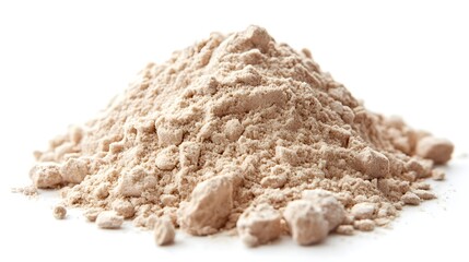 A close-up studio shot shows a pile of light beige organic maca powder against a pure white background.