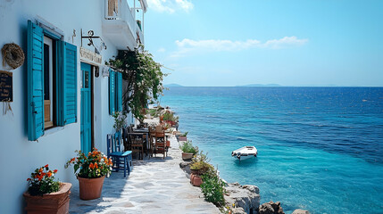 Fototapeta premium Coastal cafe with turquoise shutters and a boat in azure waters.