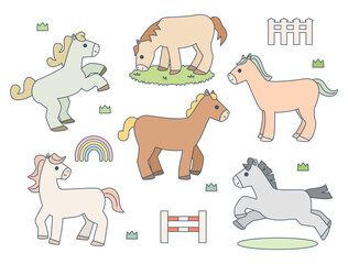 いろいろな動きをする可愛い馬のイラストのセット　線+カラーバージョン