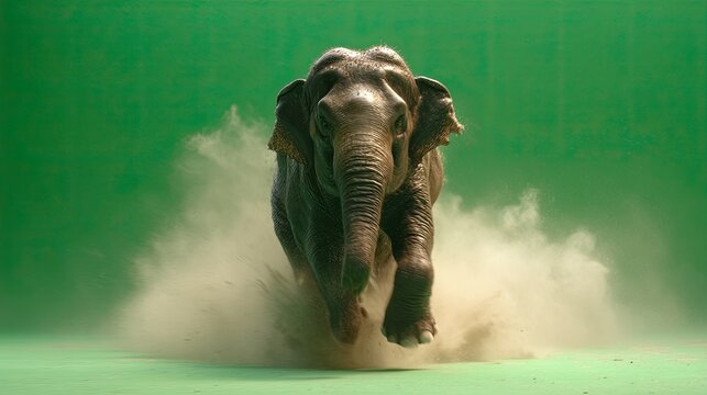 A powerful elephant charges forward, kicking up a cloud of dust against a vibrant green background, showcasing its strength and determination in motion.