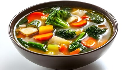 A hearty bowl of steaming vegetable soup brimming with carrots, broccoli, zucchini, and spinach, perfect for a healthy meal.