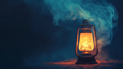 A vintage lantern emitting warm light and surrounded by wisps of smoke, creating a nostalgic atmosphere in a dim setting. Wisp Workshop. Illustration