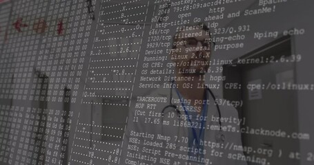 Doctor holding stethoscope scanning network code overlay in hospital showing medical cybersecurity - Powered by Adobe