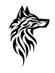 Fototapeta premium Stylized black wolf head silhouette with flowing tribal pattern design isolated on white background, suitable for logo, tattoo art and merchandise design.