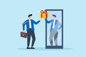 Flat illustration of businessman in mirror give reward to himself self motivation success celebrating personal goal