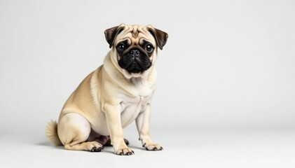 Obraz premium Adorable pug dog sits alone against white background , sweet, shot, closeup