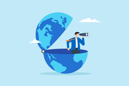 Flat illustration of smart businessman open globe using binoculars searching future international business opportunities world economic vision