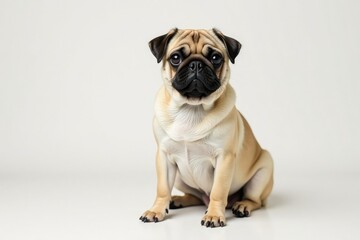 Obraz premium Adorable pug dog sits alone against white background, breed, dog breed, portrait